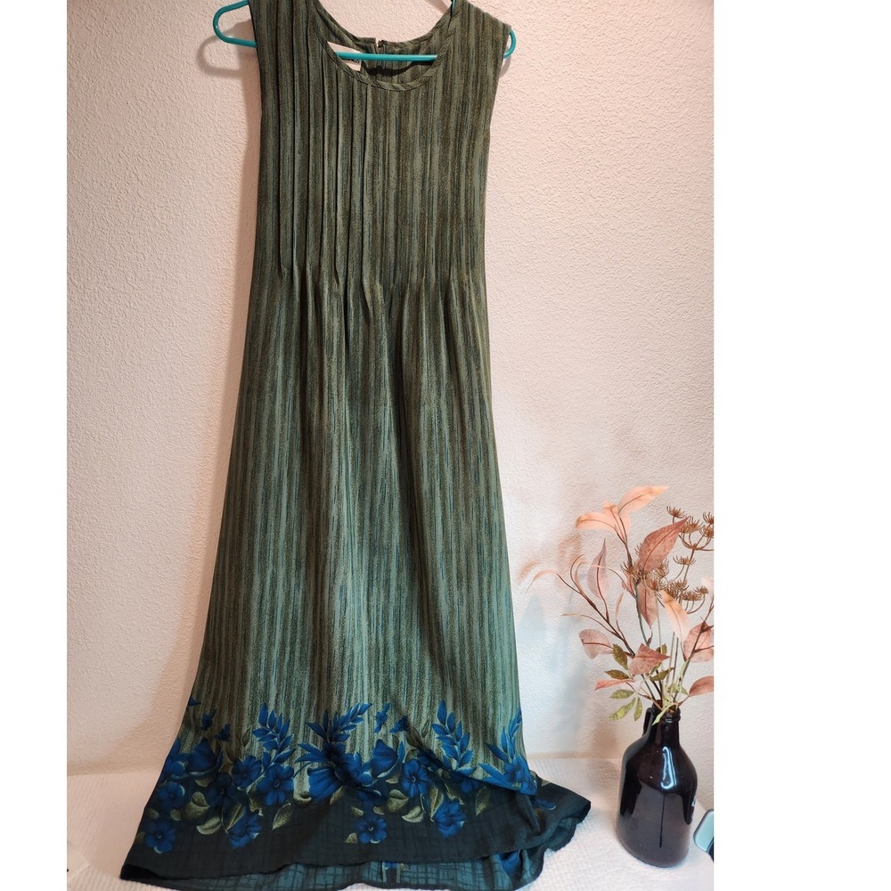 Vintage Betsy's Things Maxi Dress 10 Green Floral Sleeveless Boho 52.5" Long 80s